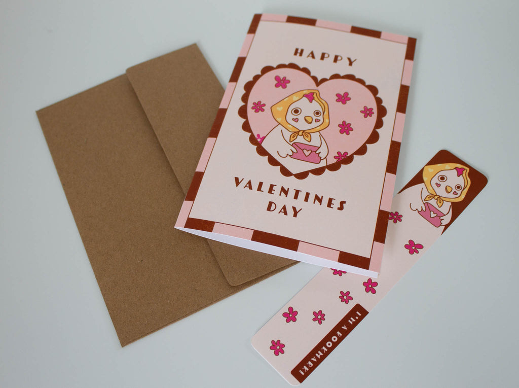 Cute Chicken Valentine's Day Card with Bookmark | 4x6 Greeting Card